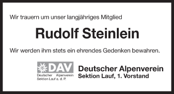 Traueranzeige von Rudolf Steinlein von Pegnitz-Zeitung